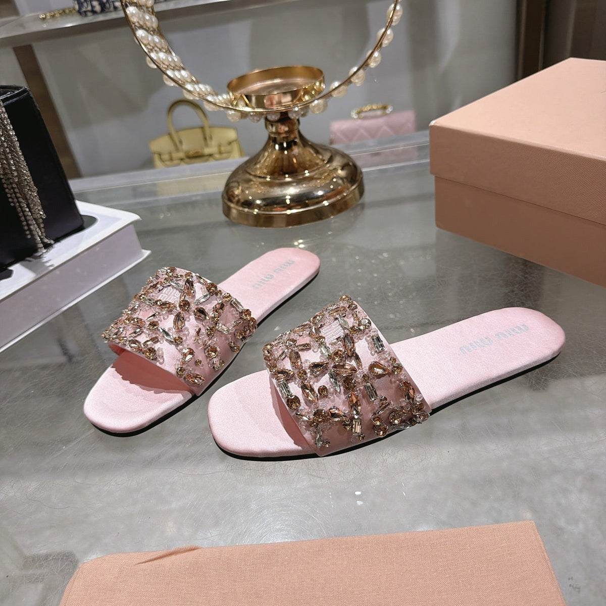 Miumiu 26s Sandals Pink Embellished Silk