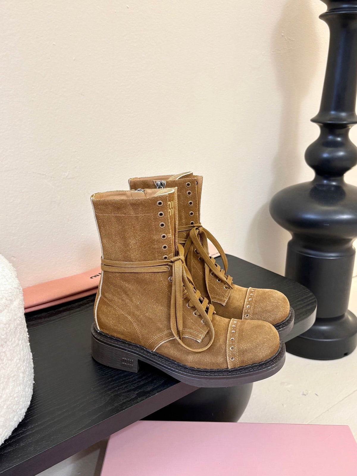 Miumiu 25s Laced Booties Cinnamon Brown Suede