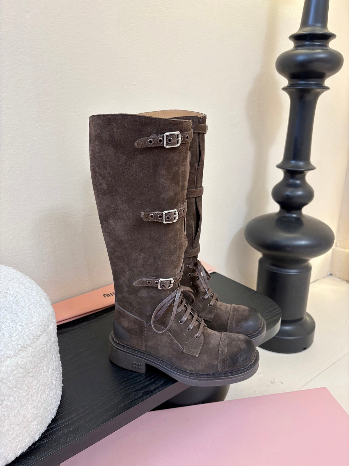 Miumiu 25s Army Boots Dark Brown Suede