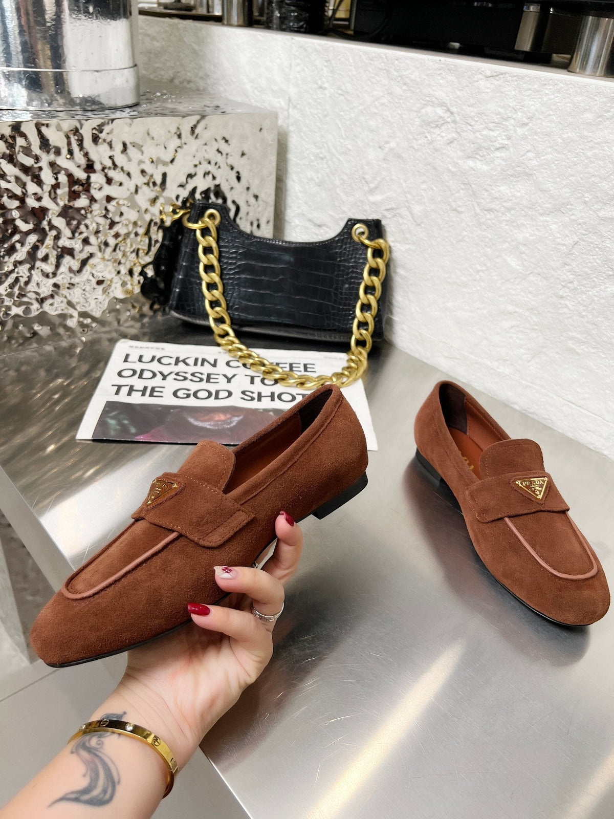 Prada 26S Classic Loafers Chocolate Brown Logo Suede