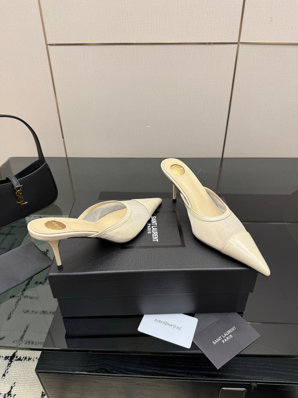 YSL 26s High-Heel Mules Beige Calfskin Mesh Fabric
