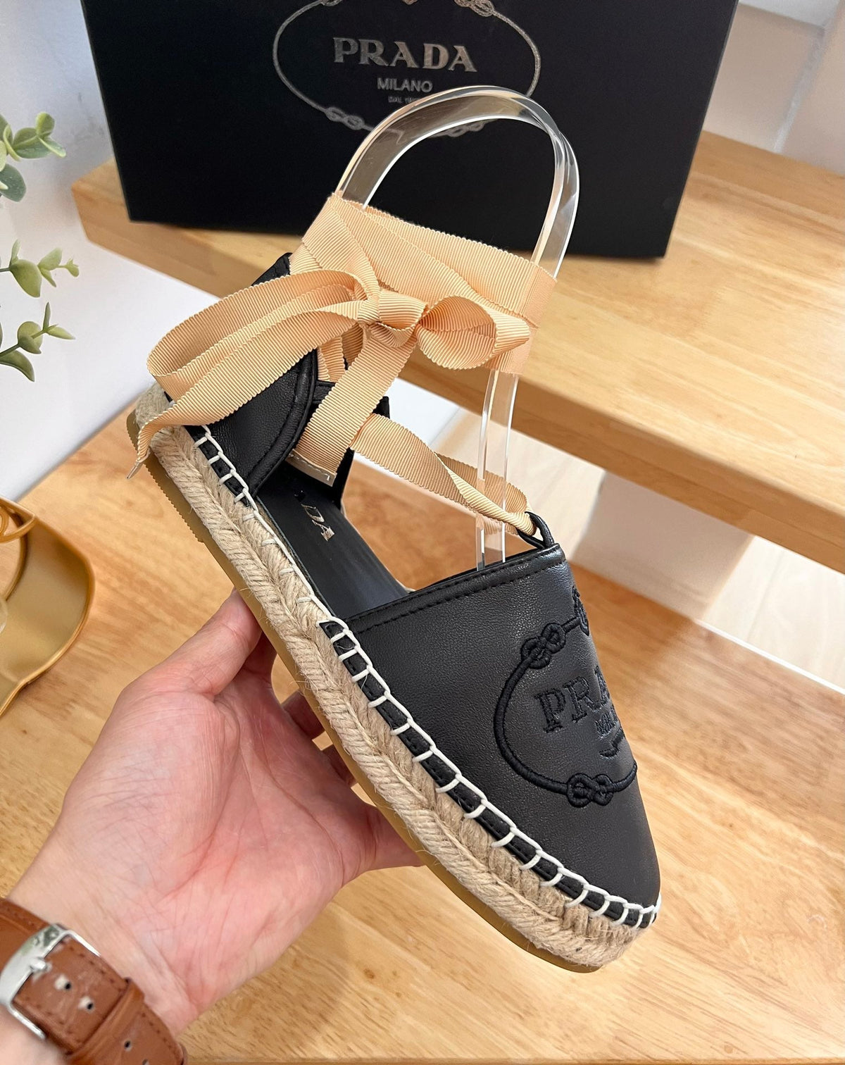 Prada 26s Lace Up Espadrille Flats Black Calfskin