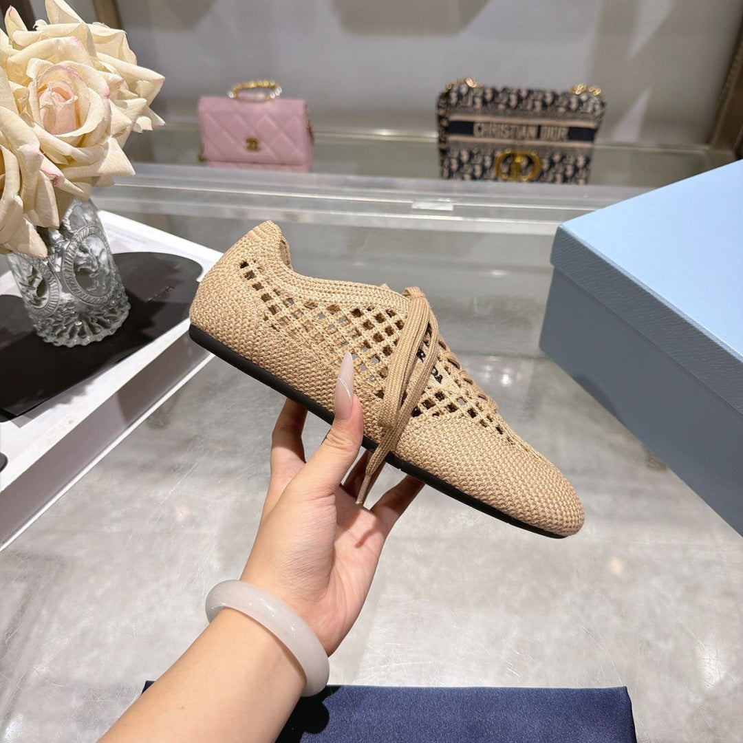 Prada 26s Lace Up Openwork Knit Sneakers Beige Knit Fabric