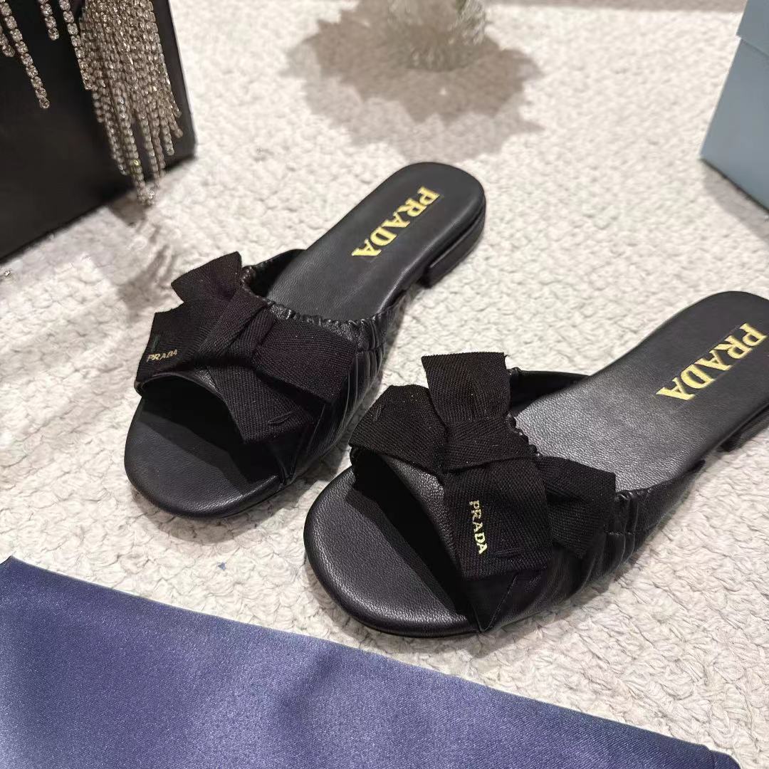 Prada 26s Ruched Bow Slide Sandals Black Calfskin
