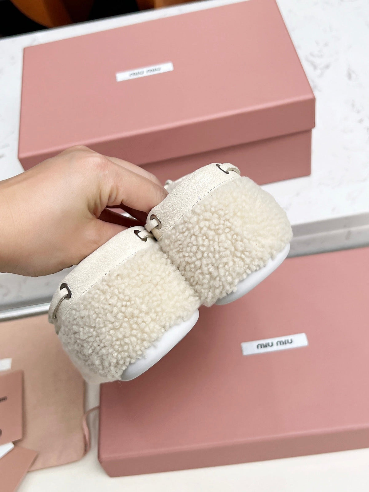 Miumiu 26s Boat Loafers Beige Shearling