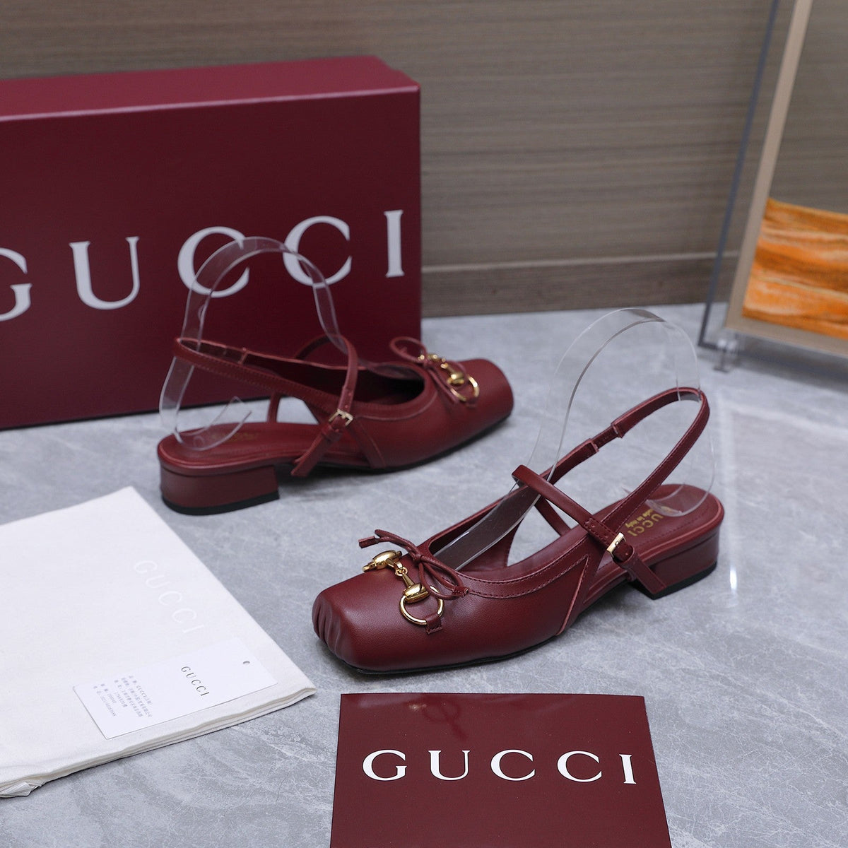 Gucci 26s Slingback Pumps Burgundy Red Calfskin Gold Hardware