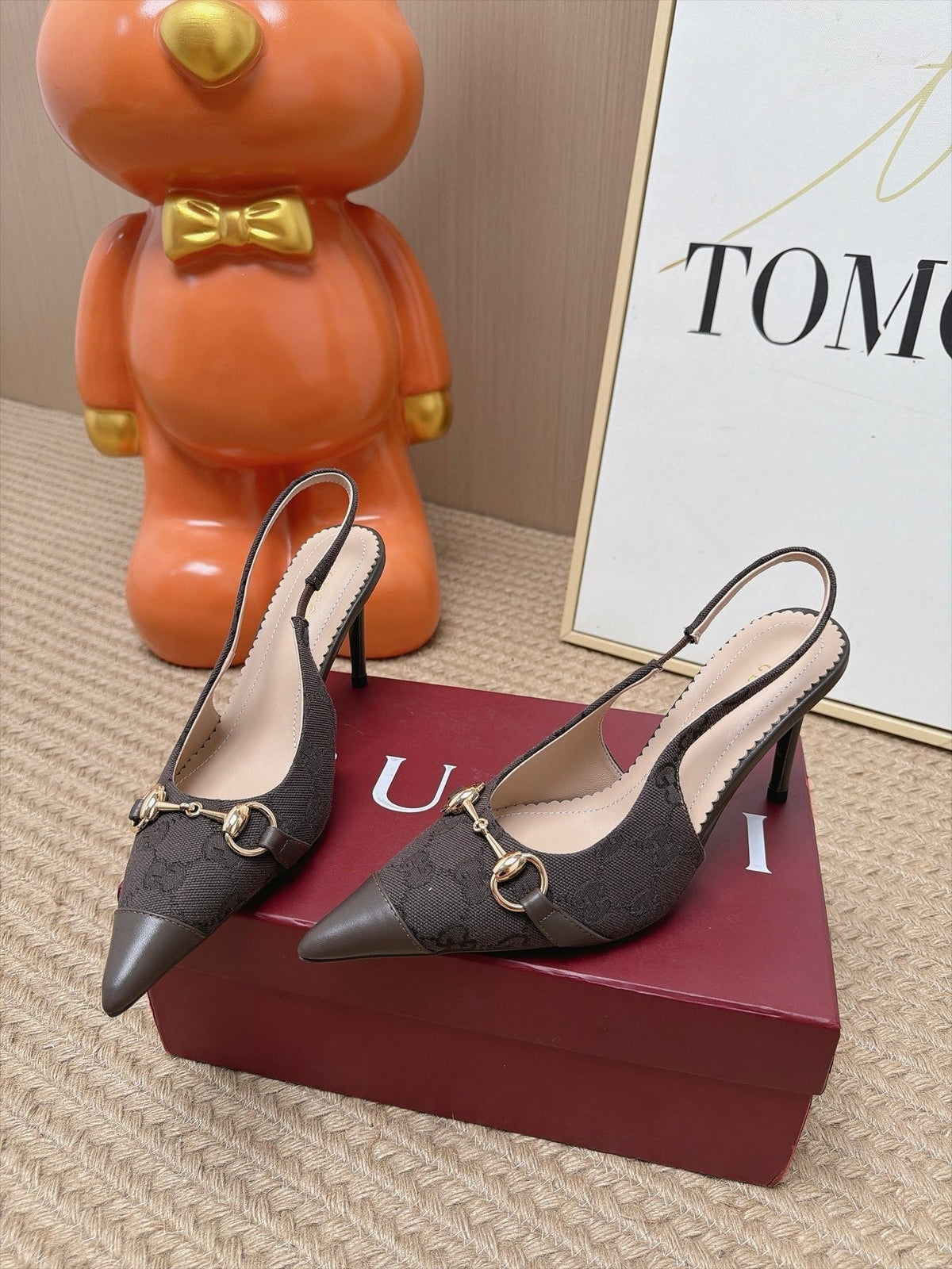Gucci 26s Slingback Heels 10.5cm Dark Brown Canvas Mix Lambskin