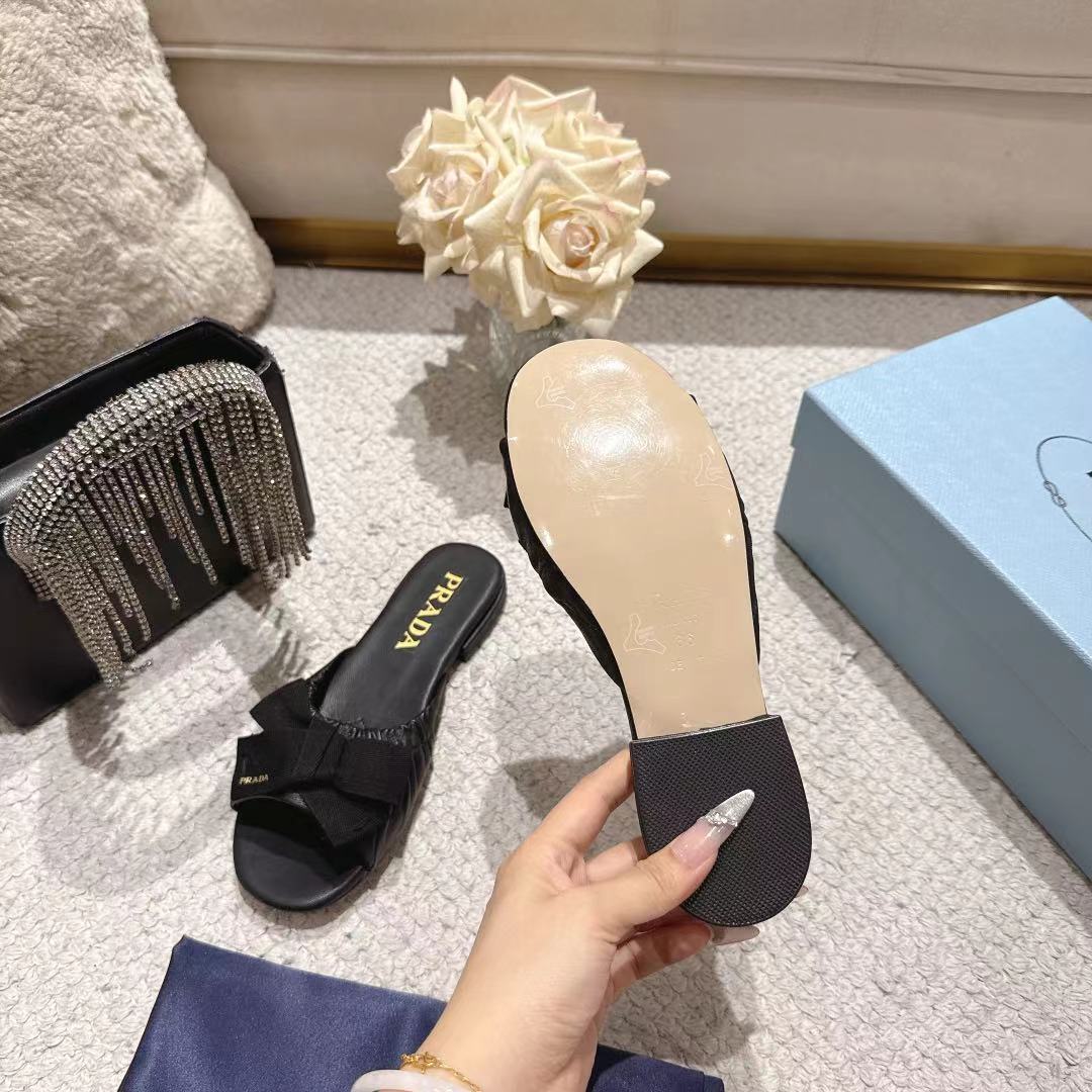 Prada 26s Ruched Bow Slide Sandals Black Calfskin