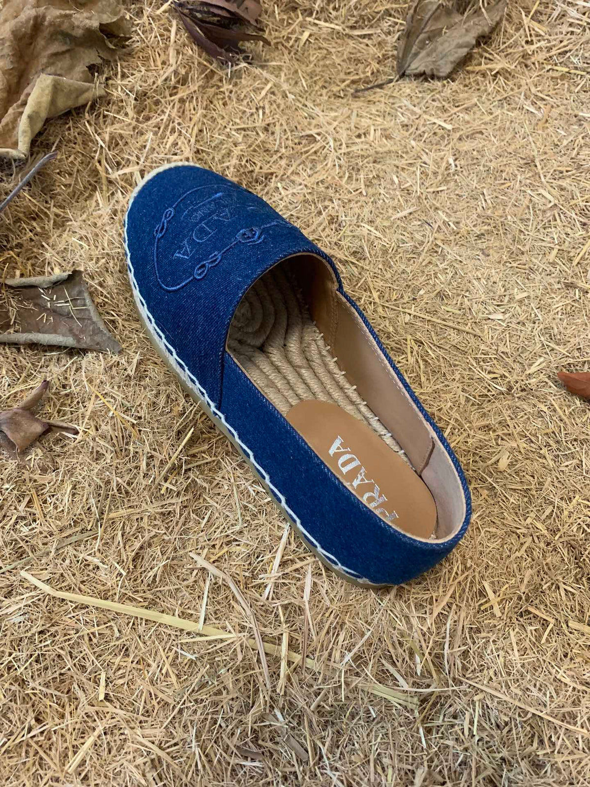 Prada 26s Espadrille Flats Blue Denim Embroidered Logo