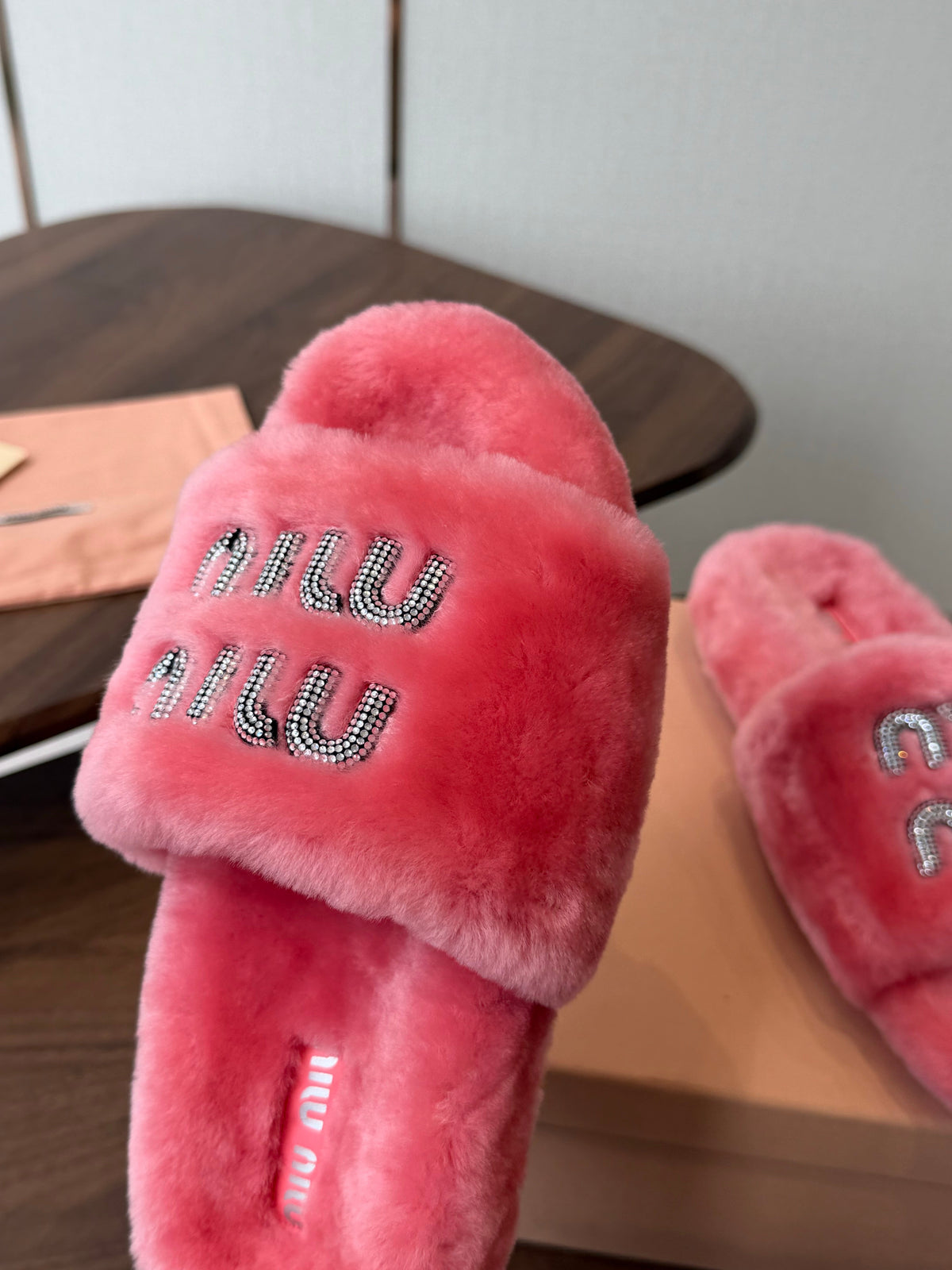 Miumiu 26s Crystal Logo Slides Pink Shearling