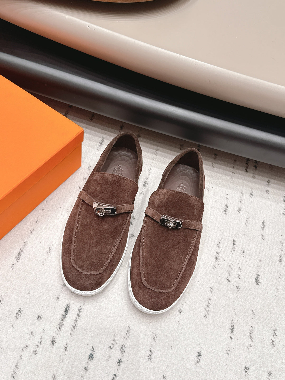 HM 26S Kelly Paris Loafers Dark Brown Suede Silver Hardware