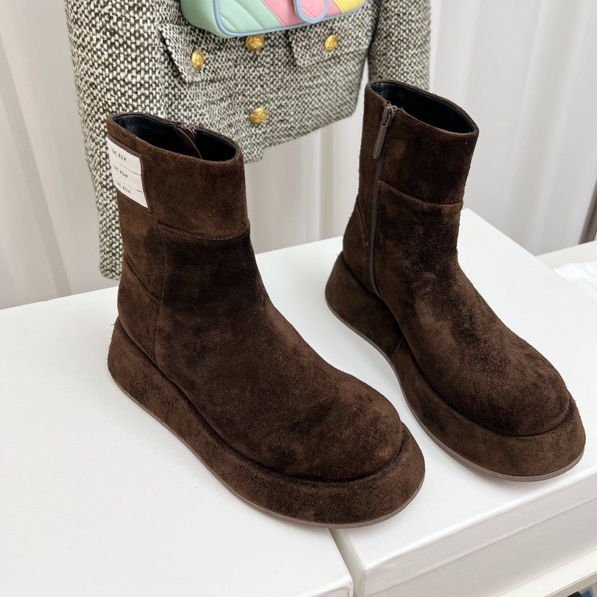 TR 26S Platform Ankle Boots 4cm Side Zip Dark Brown Suede 140947