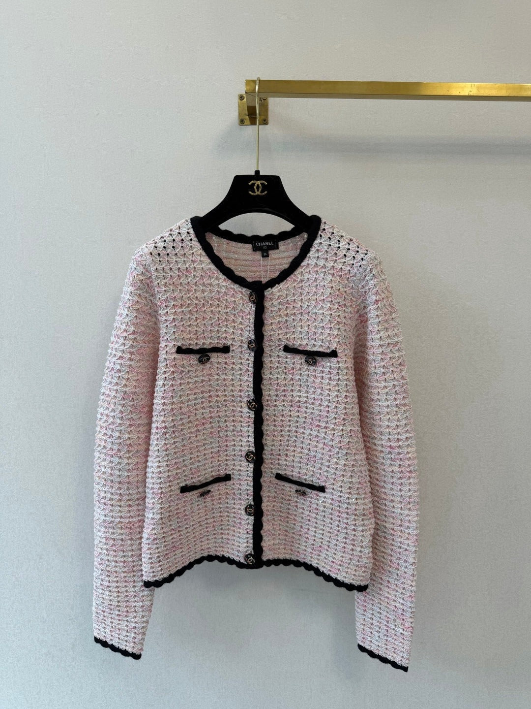 CC 26S Knit Tweed Cardigan Black Trim Front Pockets Cotton 433649