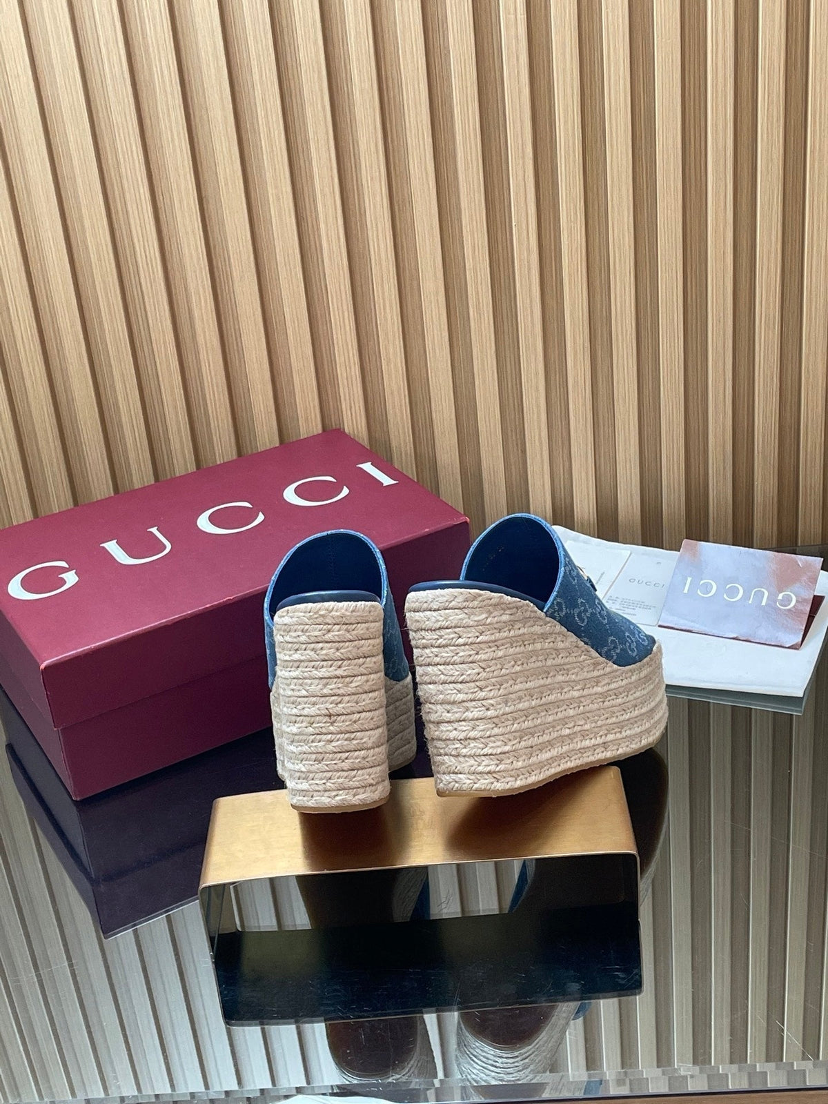 Gucci 26S Wedge Sandals 11Cm In Blue Canvas GG Monogram