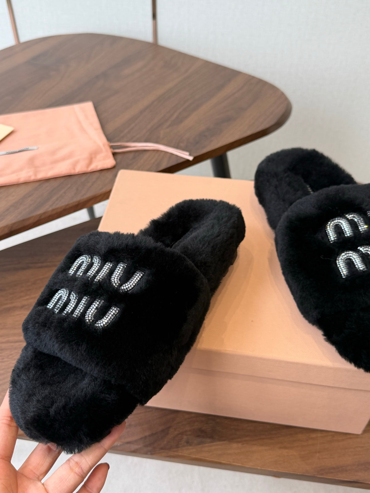 Miumiu 26s Crystal Logo Slides Black Shearling