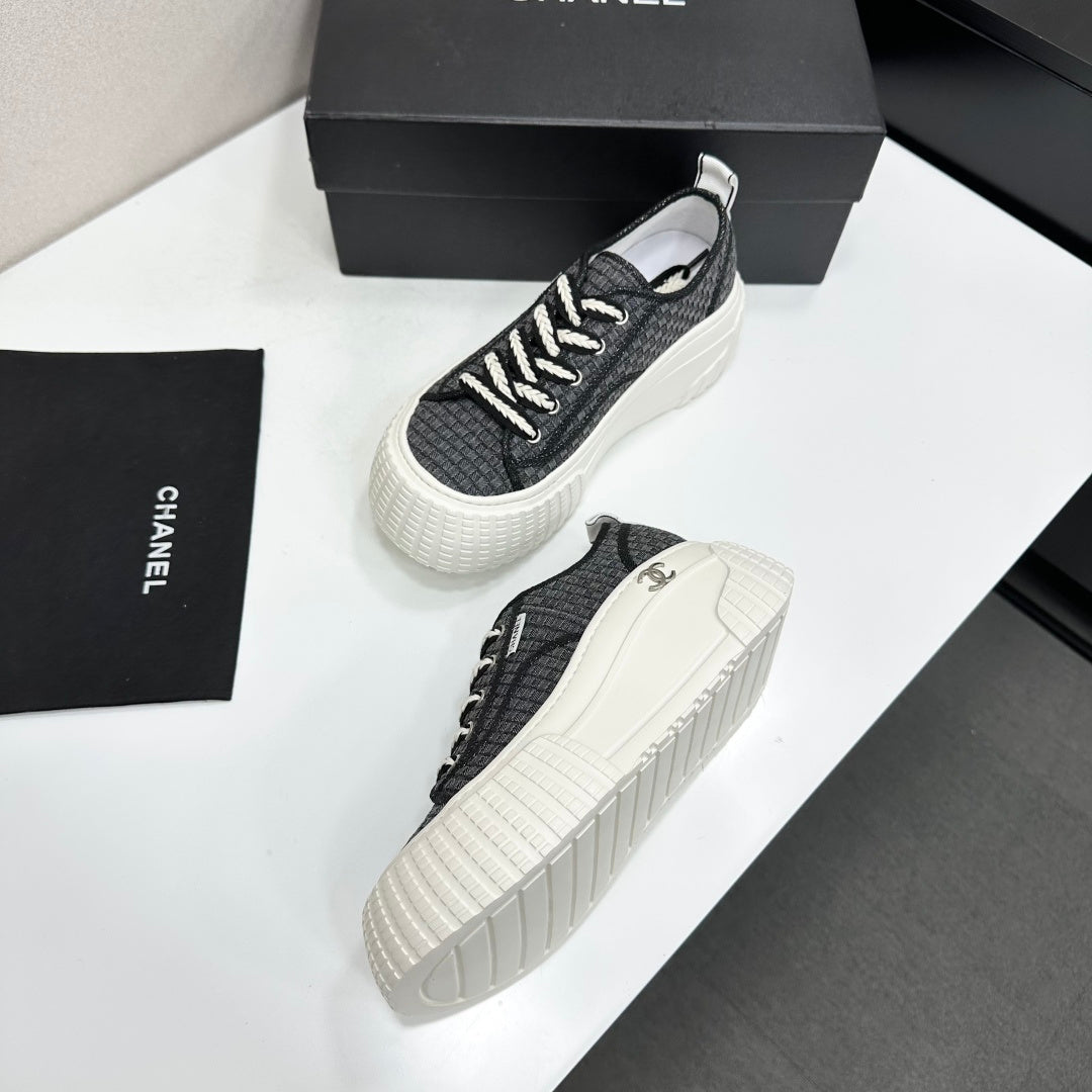 CC 26S Chunky Sneakers in Black Checkered Woven Fabric