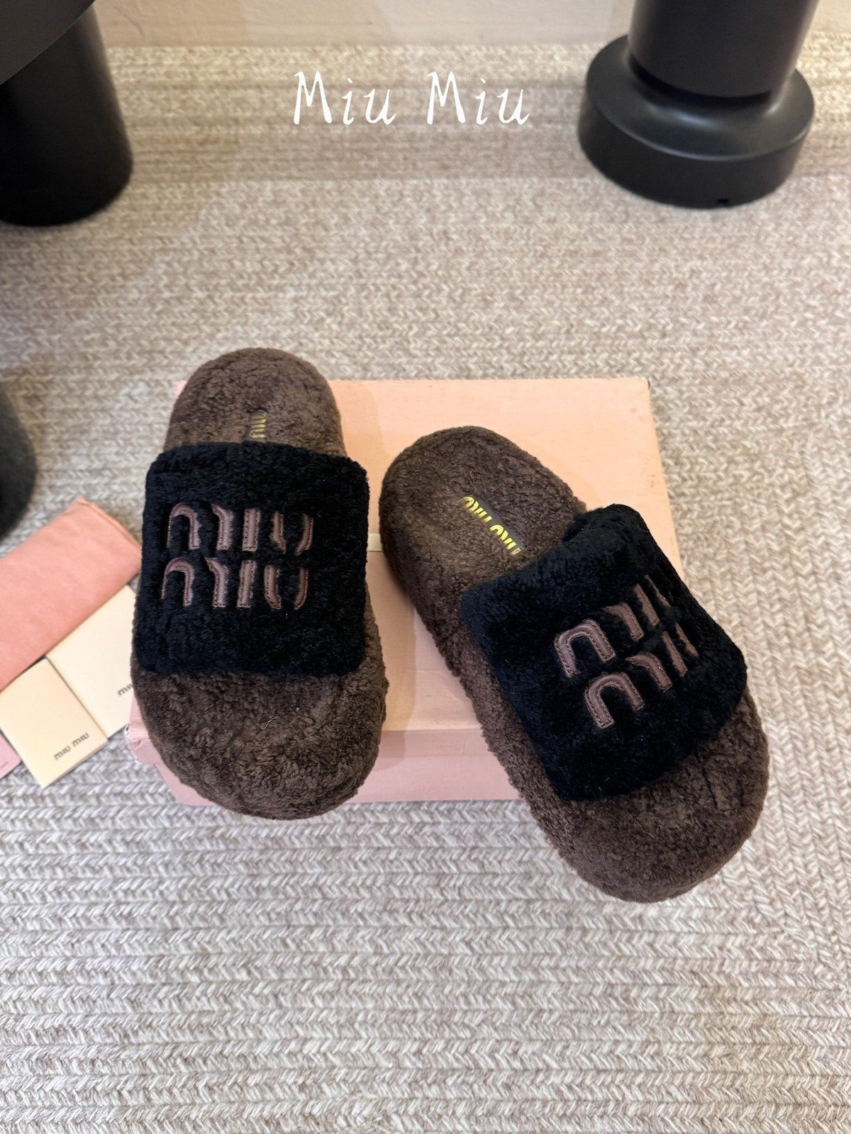 Miumiu 26s Platform Slides Dark Brown And Black Shearling