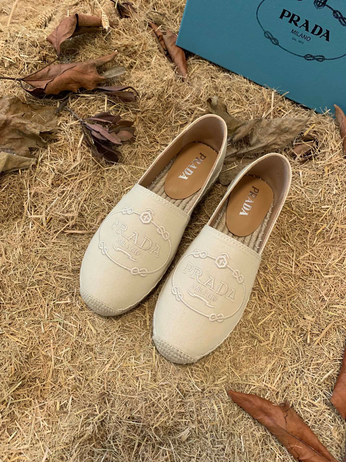 Prada 26s Espadrille Flats Light Beige Canvas Embroidered Logo