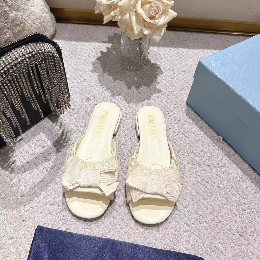 Prada 26s Ruched Bow Slide Sandals Ivory White Calfskin