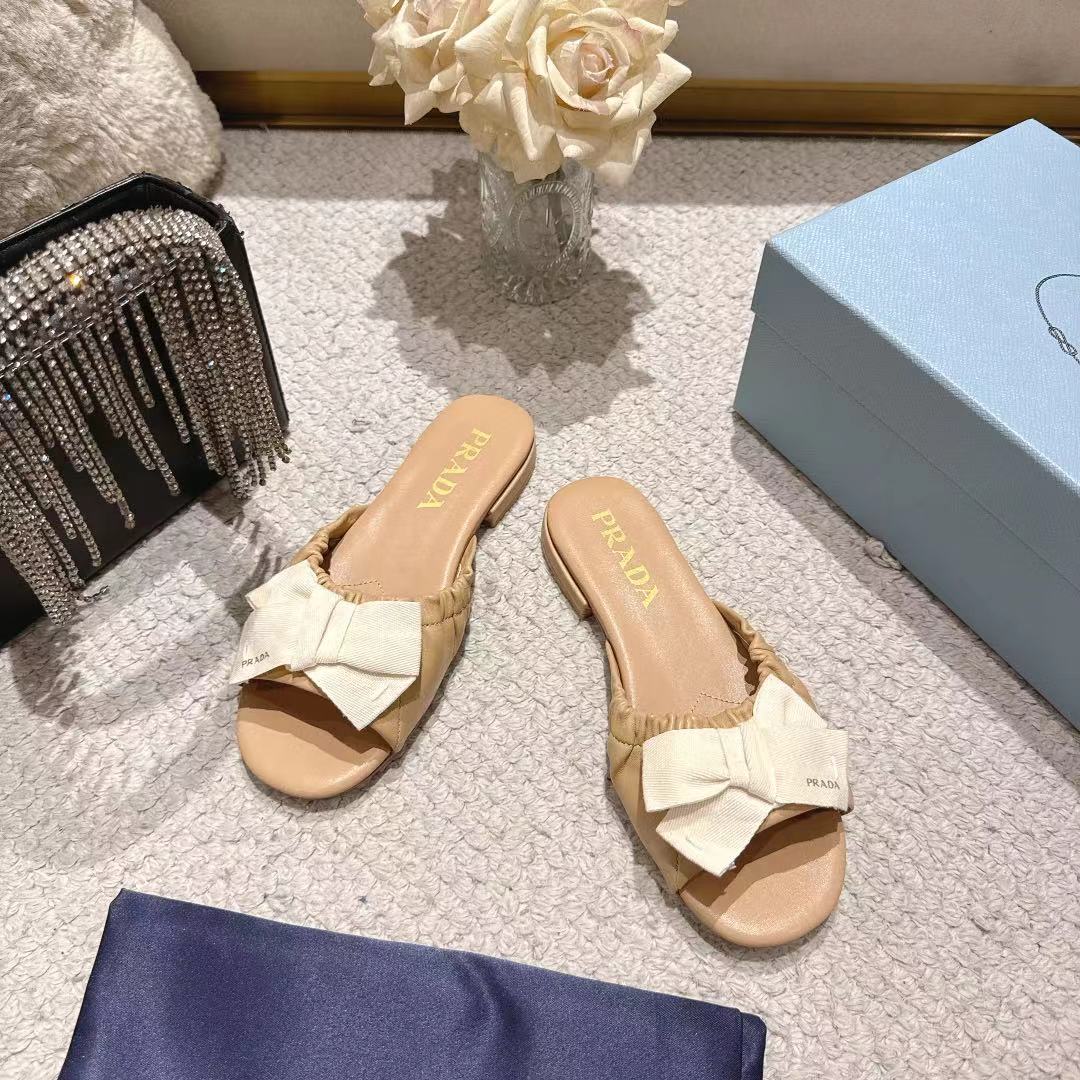 Prada 26s Ruched Bow Slide Sandals Beige Calfskin