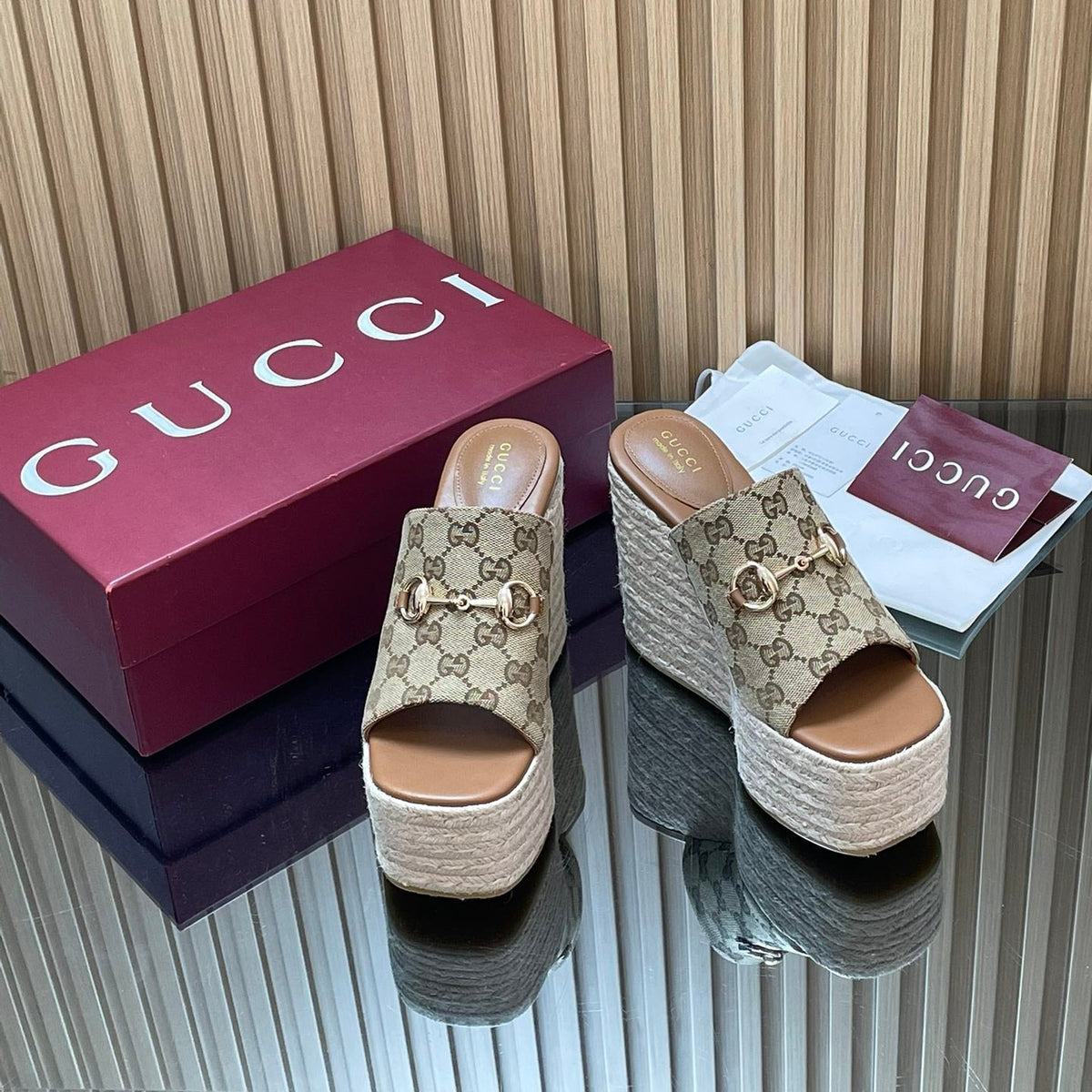 Gucci 26S Wedge Sandals 11Cm In Beige Canvas GG Monogram