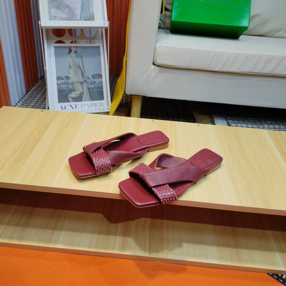 BV Riva Sandals Flat Woven Burgundy Leather 139884