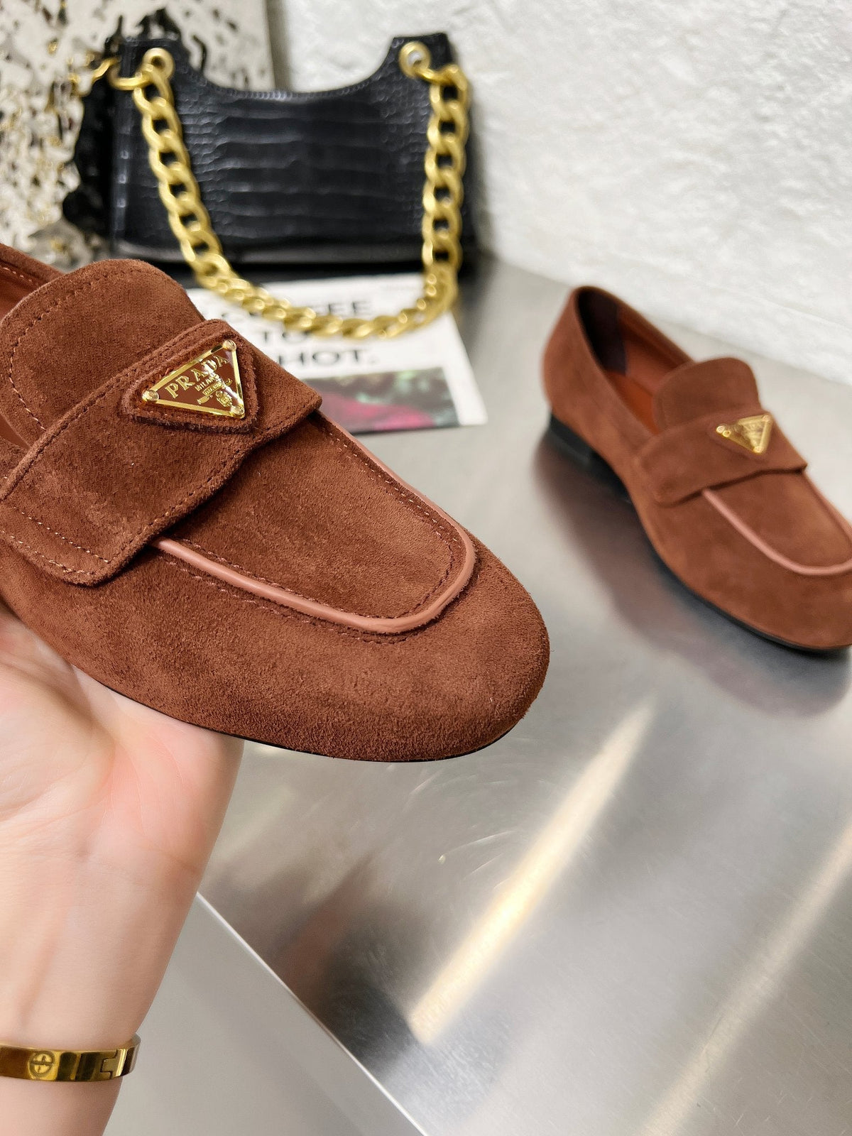 Prada 26S Classic Loafers Chocolate Brown Logo Suede