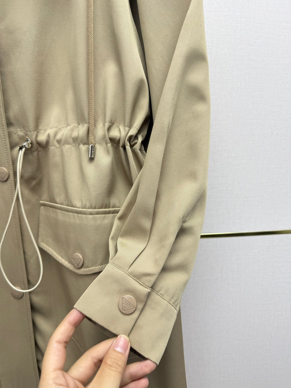 Prad 26SS Hooded Long Trench Coat Triangle Logo Drawstring Waist Cotton 437675