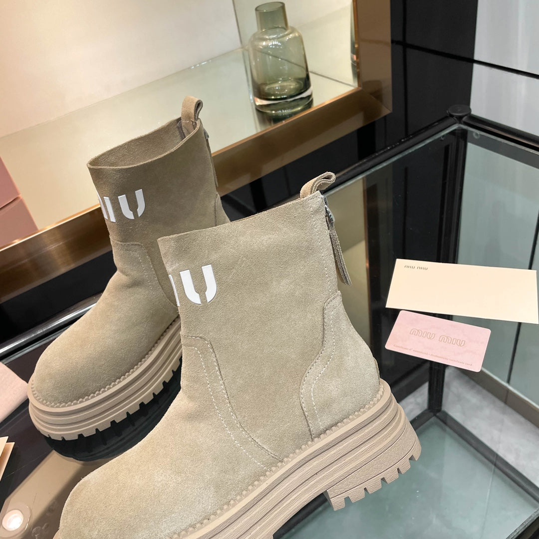 Miumiu 26s Logo Chunky Ankle Boots Beige Suede