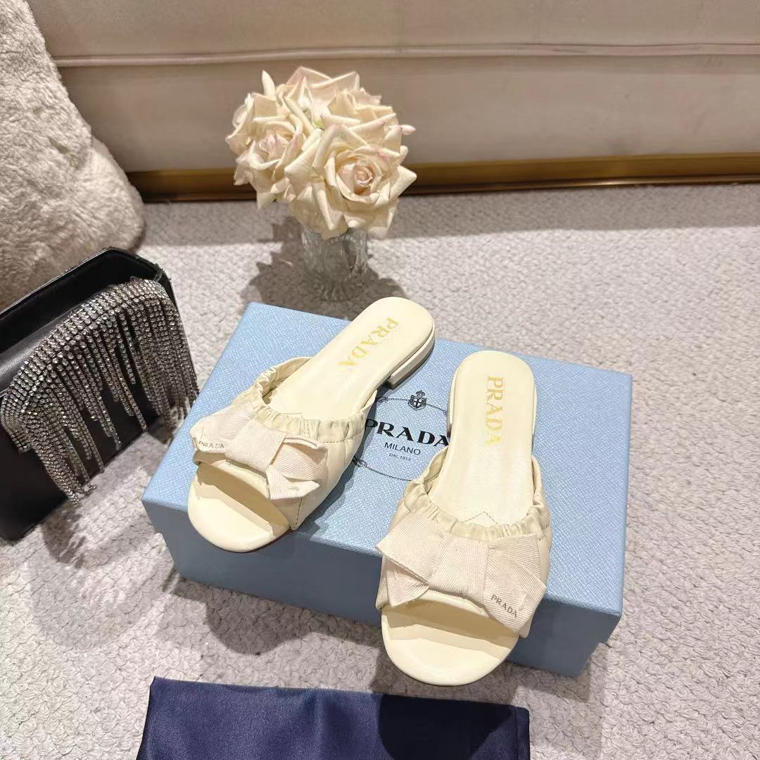 Prada 26s Ruched Bow Slide Sandals Ivory White Calfskin