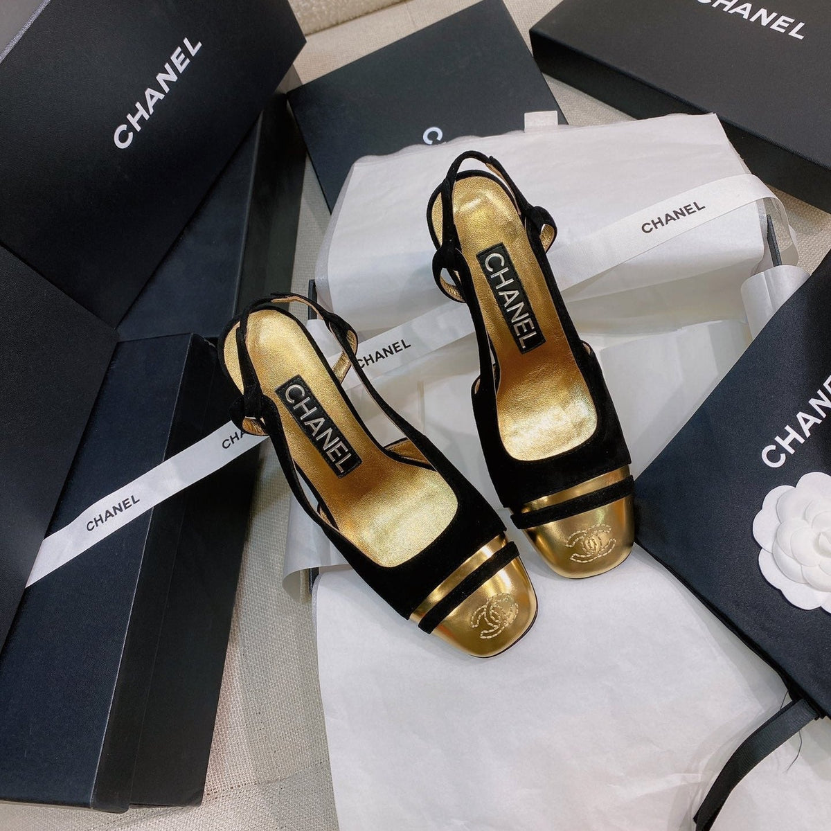 CC 26S Slingback Flats Square-Toe 9cm Colorblock Suede Leather 156339