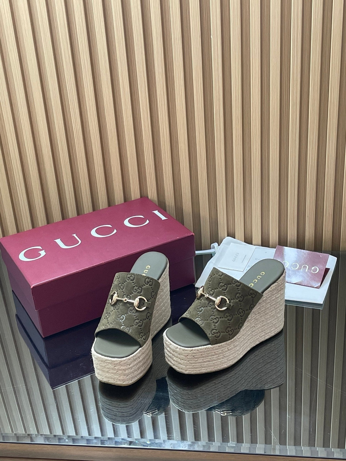 Gucci 26S Wedge Sandals 11Cm In Olive Green Suede GG Monogram