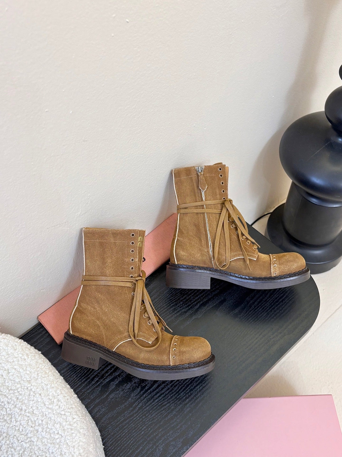 Miumiu 25s Laced Booties Cinnamon Brown Suede