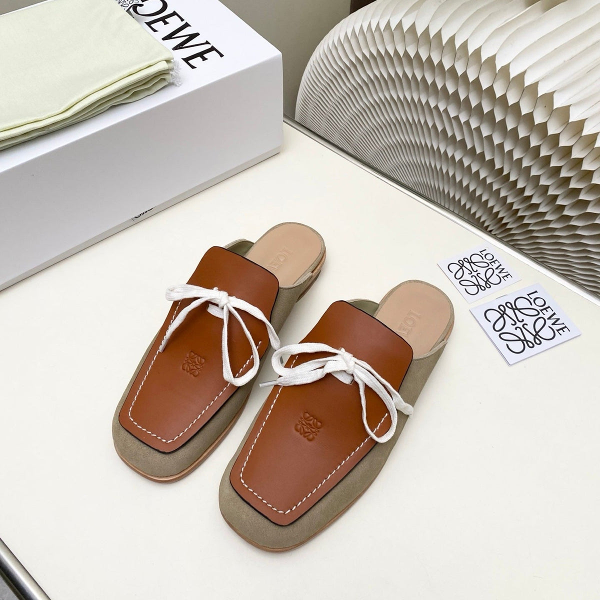 LW 26s Flat Mules In Brown Khaki Calfskin And Suede