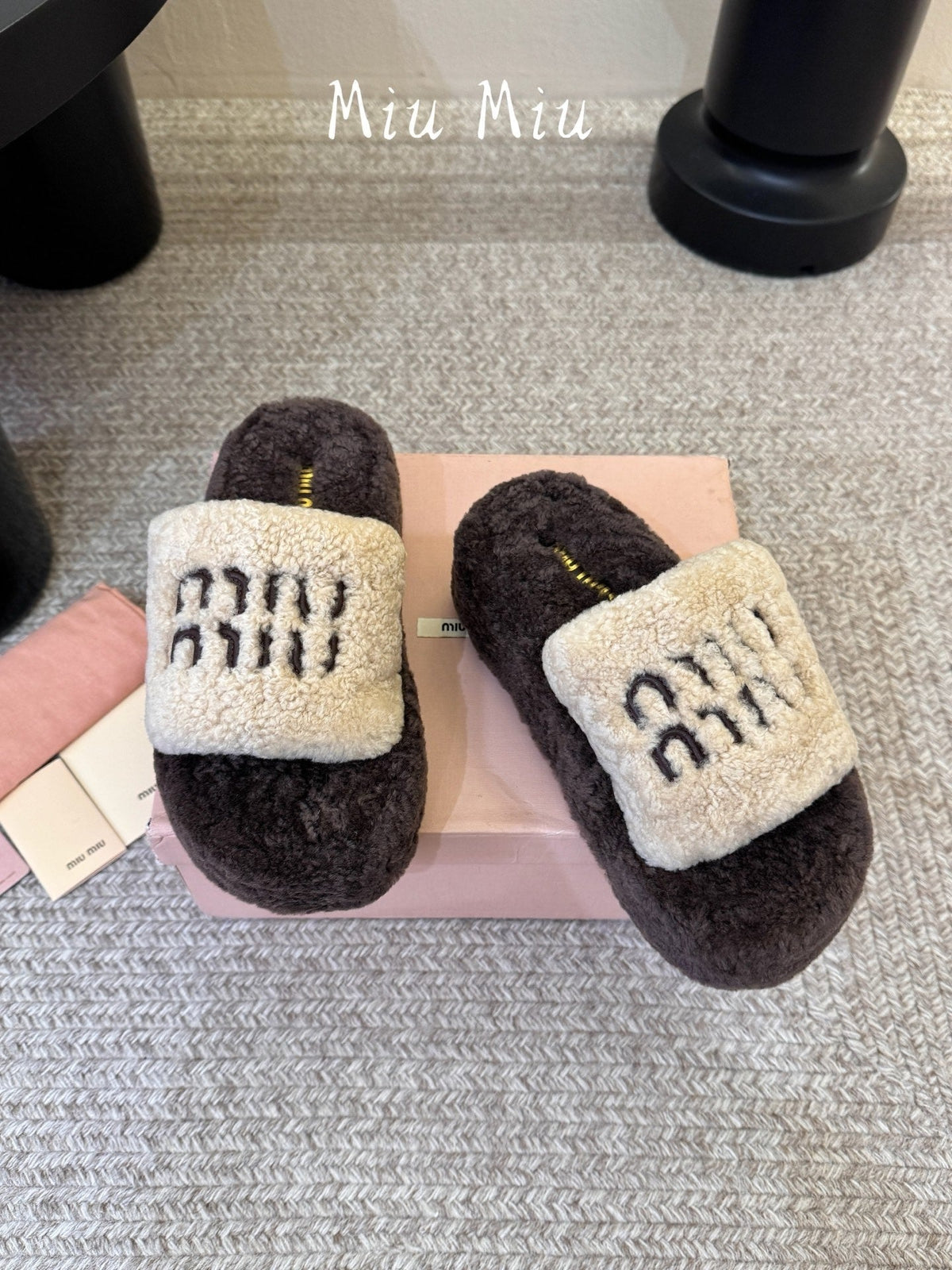 Miumiu 26s Platform Slides Dark Brown And Beige Shearling