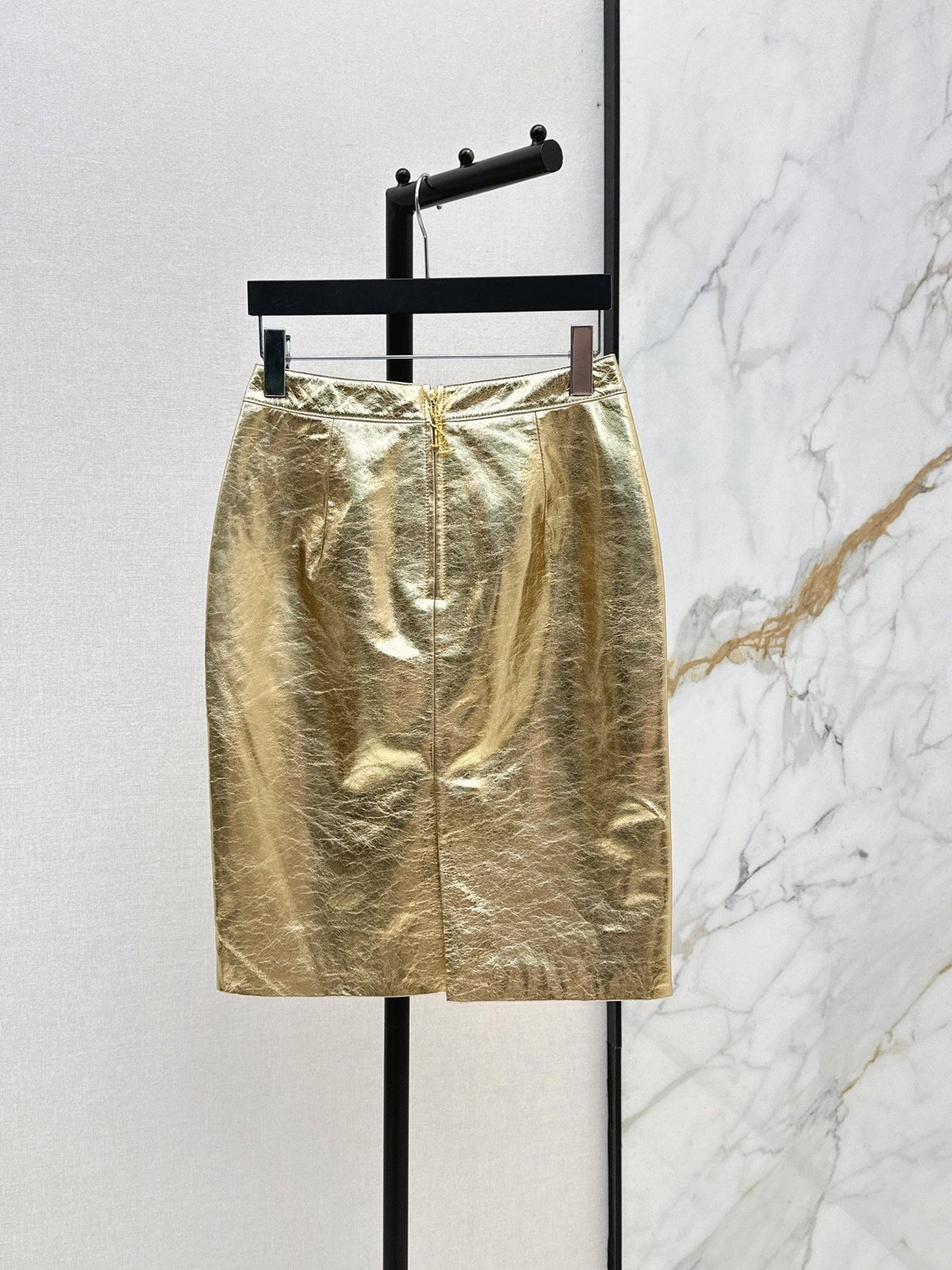 YSL Crinkled Midi Skirt Metallic Gold Leather