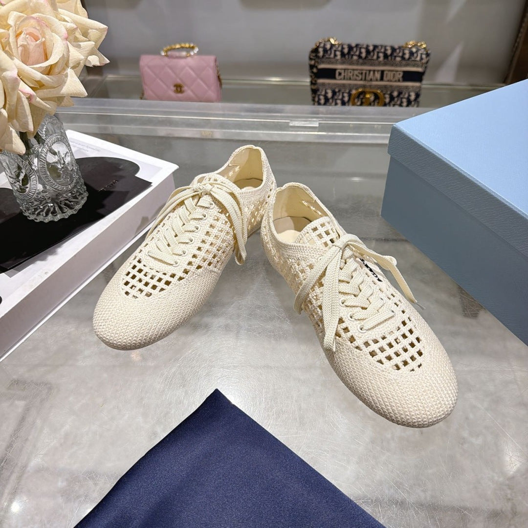 Prada 26s Lace Up Openwork Knit Sneakers Ivory White Knit Fabric