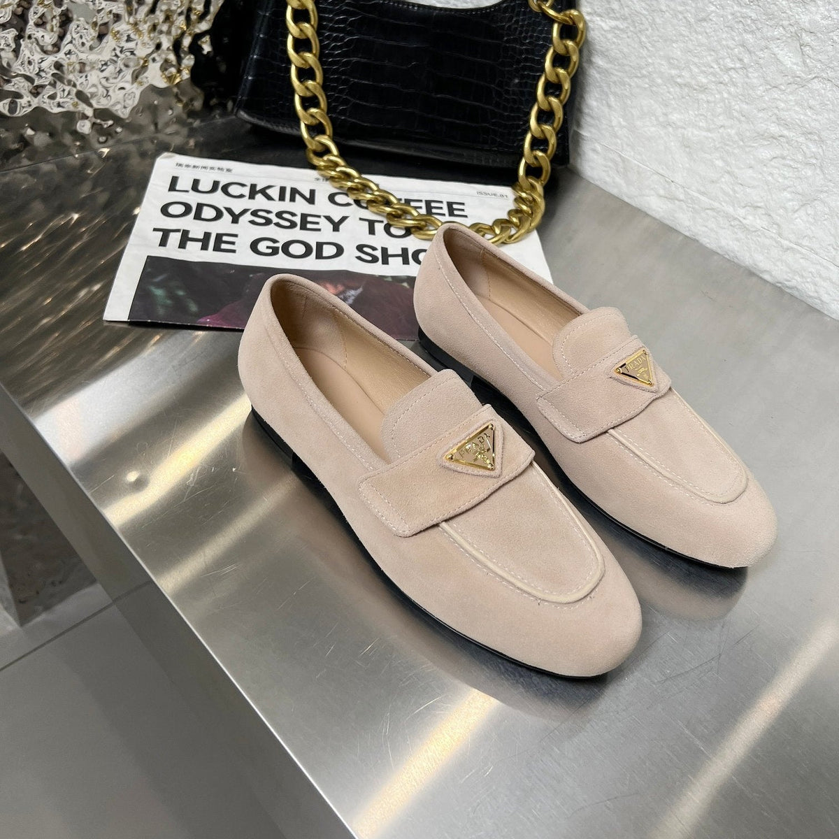 Prada 26S Classic Loafers Nude Beige Logo Suede
