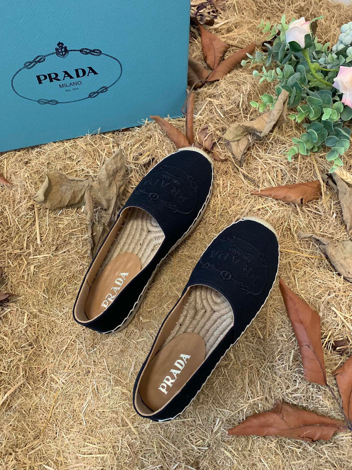 Prada 26s Espadrille Flats Black Canvas Embroidered Logo