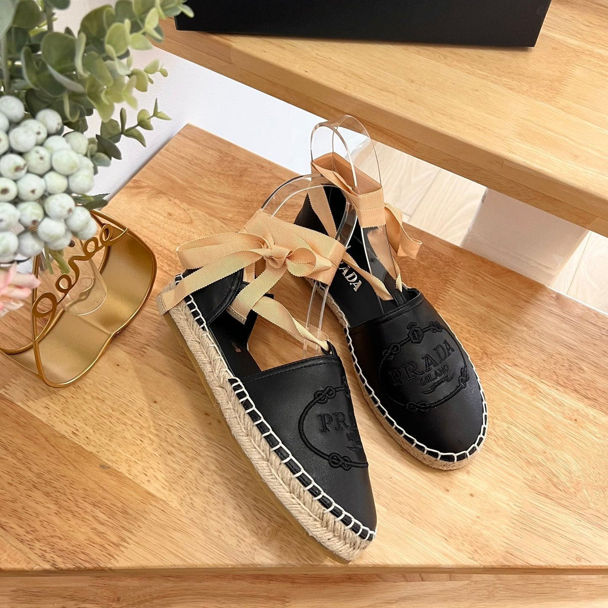 Prada 26s Lace Up Espadrille Flats Black Calfskin