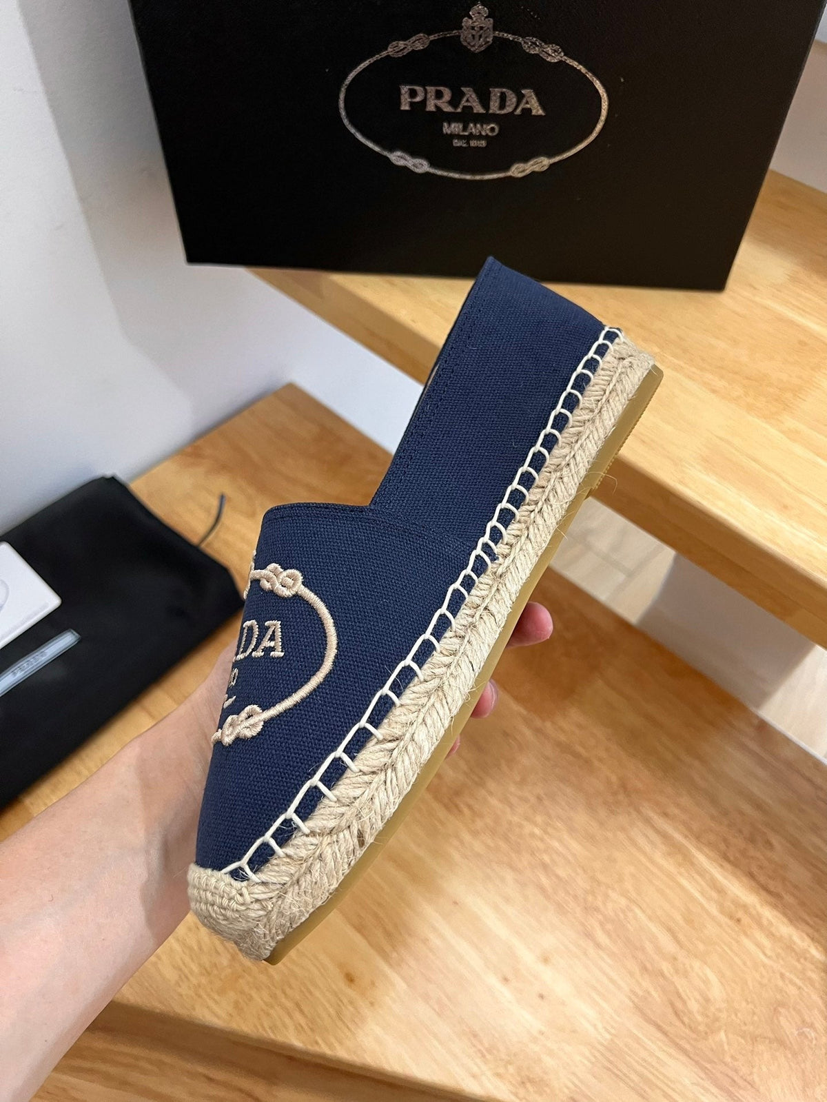 Prada 26s Embroidered Logo Espadrille Flats Navy Blue Canvas