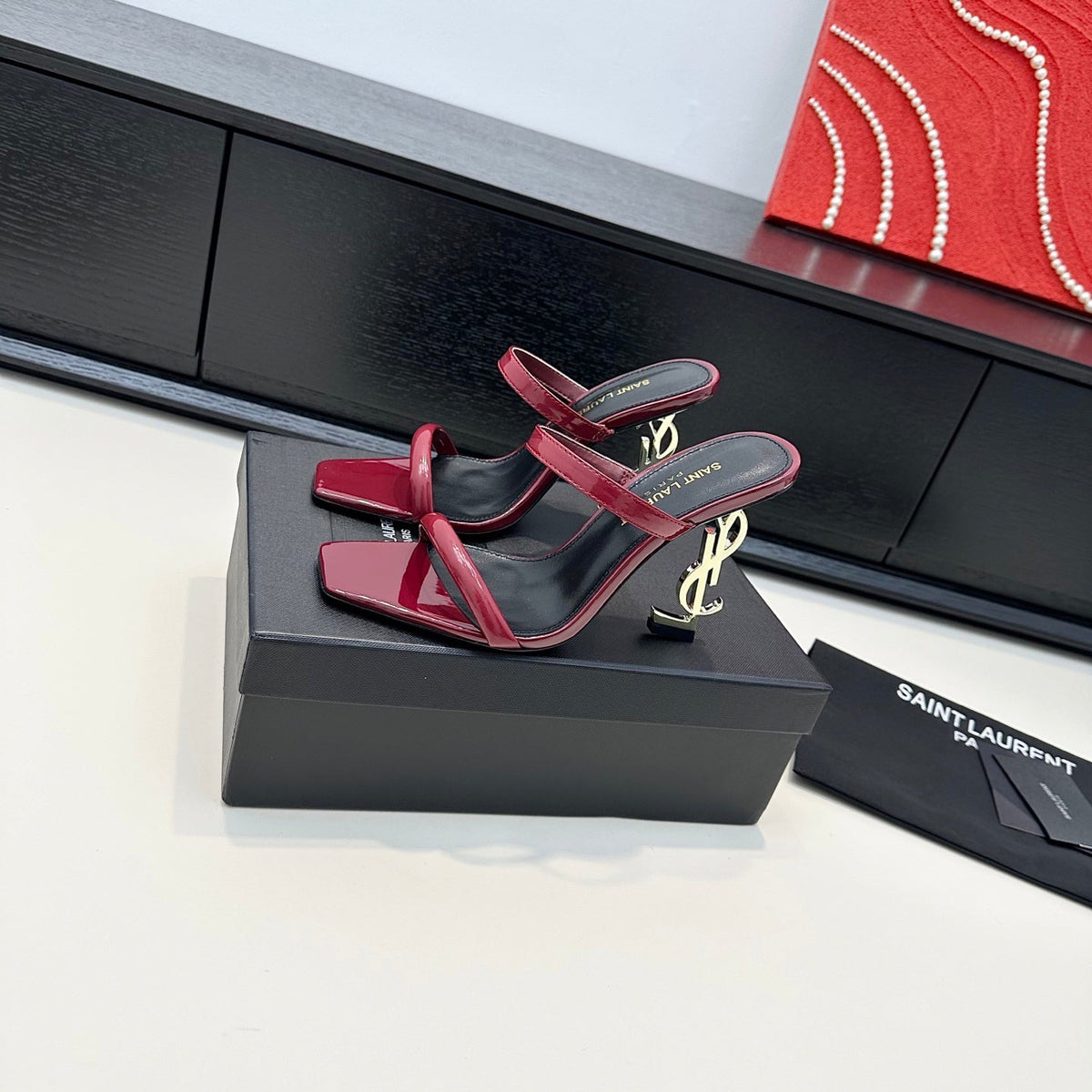 YSL 26S Double-Strap Heeled Sandals 100 Mm Dark Red Calfskin
