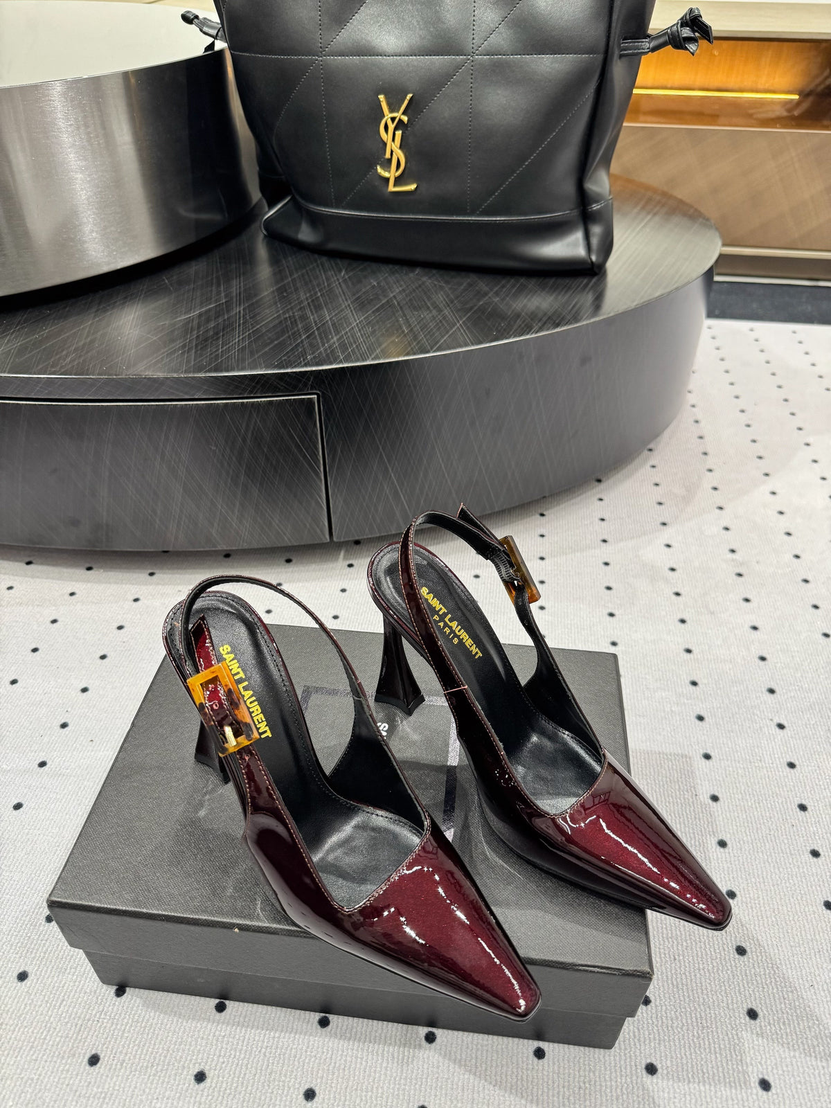 YSL 26s Slingback Heels 10.5cm Dark Red Glossy Calfskin With Buckle Closure