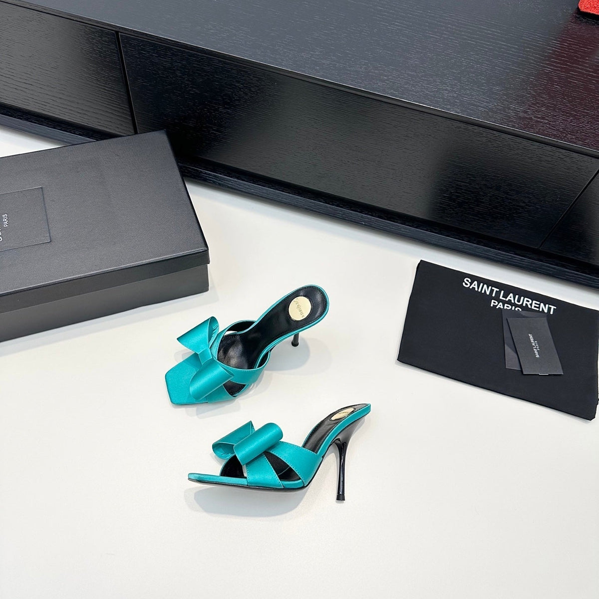 YSL 26S Heeled Sandals 105 Mm In Tiffany Blue Satin