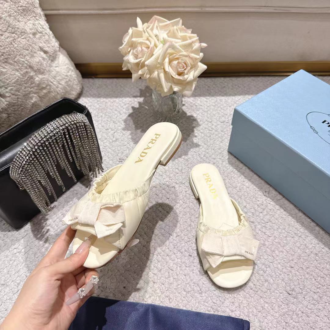 Prada 26s Ruched Bow Slide Sandals Ivory White Calfskin