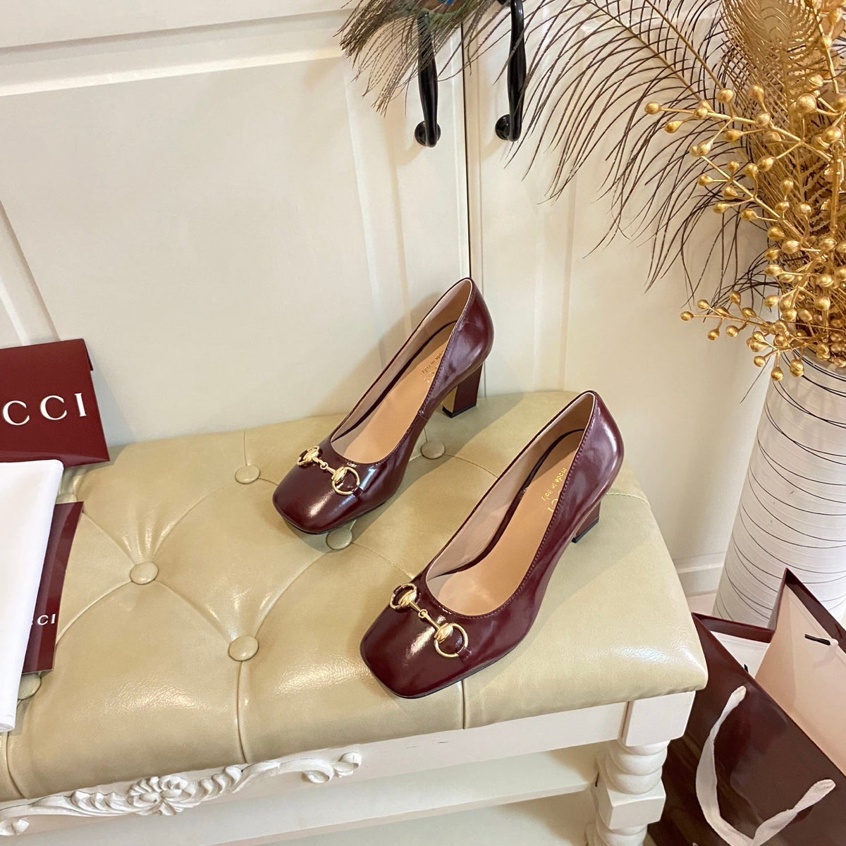 Gucci 26s Horsebit Mid-Heel Pumps 7.5cm Dark Red Calfskin