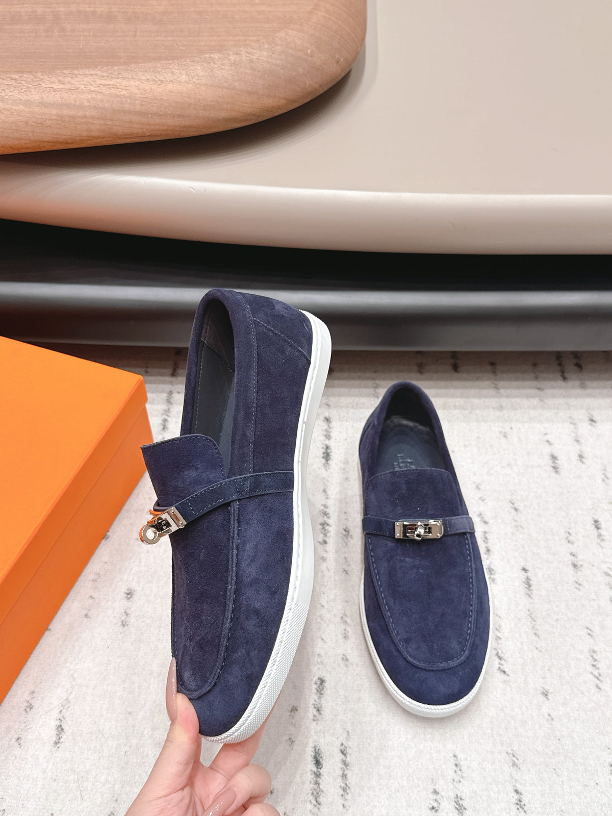 HM 26S Kelly Paris Loafers Navy Blue Suede Silver Hardware