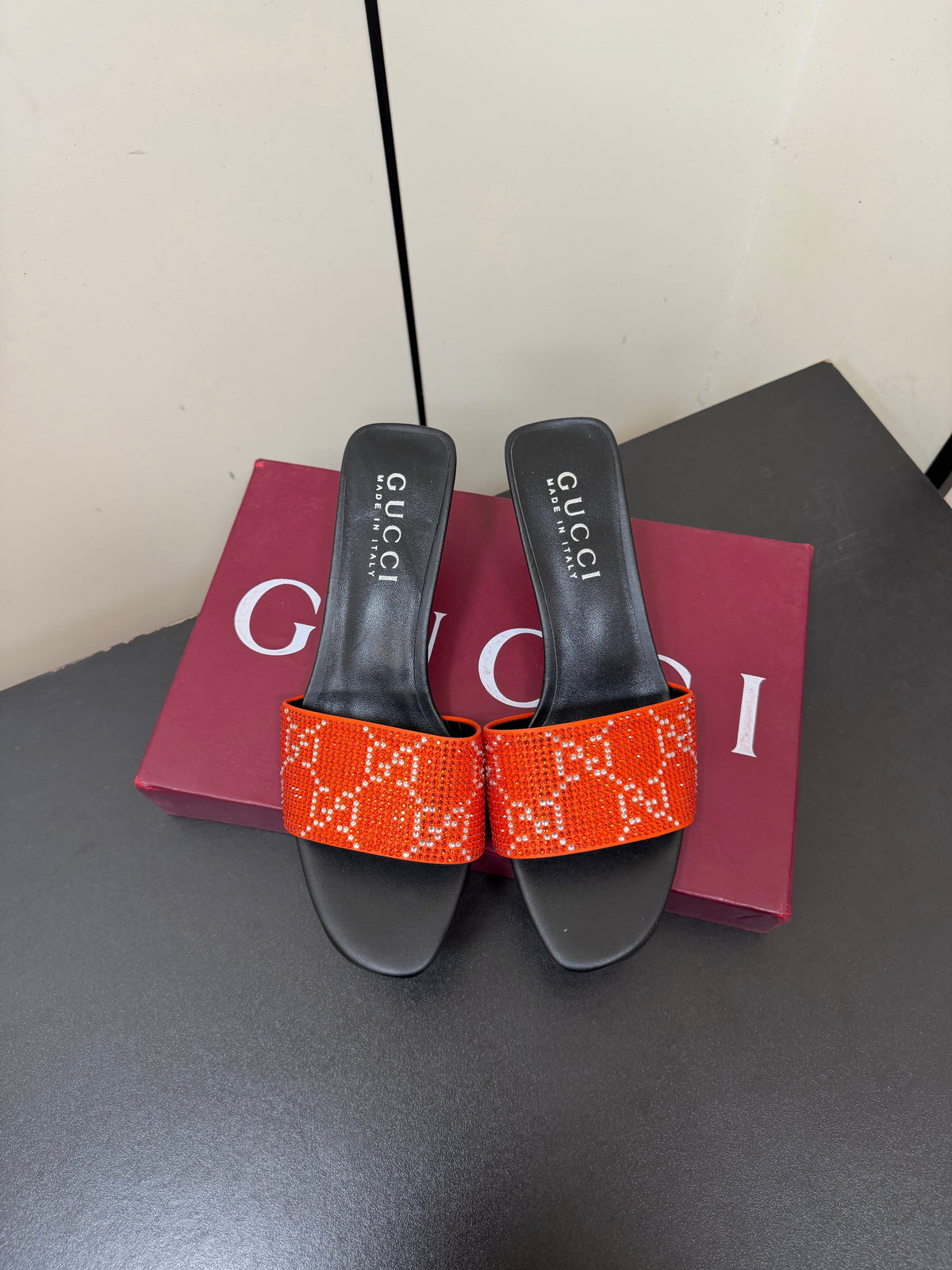 Gucci 26s Mule Sandals 5.5cm Orange Satin Crystal GG