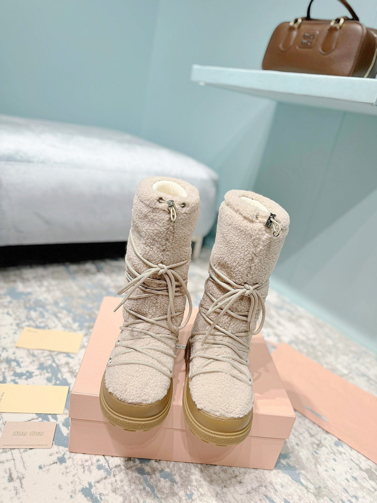 Miumiu 26s Ankle Snow Boots Beige Wool Style 15