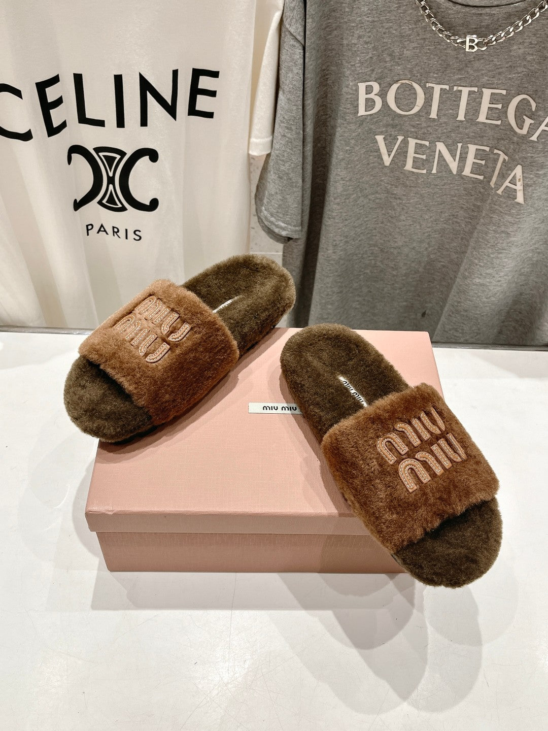 Miumiu 26s Flat Slides Brown Shearling